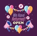 Reopening megaphone speaker balloons pennants celebration business