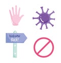 Reopening, welcome back placard hand stop coronavirus covid 19 icons