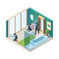 Repair bathroom. Plumber workers install pipelines in washing room vector concept pictures isometric Royalty Free Stock Photo