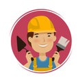 Repair, building logo. Happy builder with tools in his hands. Cartoon vector illustration
