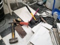 Repair building with tools and hammer, chisel, cleaver, brush, dustpan and tape measure