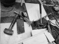 Repair building with tools and hammer, chisel, cleaver, brush, dustpan and tape measure