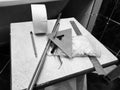 Repair - building with tools, tape measure, pencil, pen, marker, masking tape, triangle, corner, tile corners, aluminum,