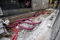 Repair of communications and road surface in the historical center of the city. 03.01.2020 Barcelona, Spain