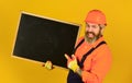 Repair company services. Architect demonstrating project. Professional repairman. Visual outline. Bearded man repairman