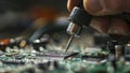 repair of a computer, close up of a computer board soldering with soldering iron by technician Royalty Free Stock Photo