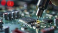 repair of a computer, close up of a computer board soldering with soldering iron by technician Royalty Free Stock Photo