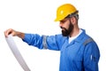 Repair, construction, building, people and maintenance concept - bearded male builder or manual worker with painting sketch Royalty Free Stock Photo