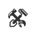 Repair and construction simple icon. Vector builder master logo template with hammer, wrench, roller and shovel