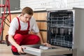 Repair of dishwashers. Repairman repairing dishwasher in kitchen Royalty Free Stock Photo