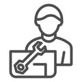 Repair engineer line icon. Worker man vector illustration isolated on white. Workman and spanner outline style design