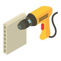 Repair equipment icon isometric vector. Yellow electric drill and drywall panel