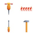 Repair equipment icons set cartoon vector. Road repair tool