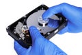 Repair Hard disk. Hands of master in gloves repair the computer hard drive. Data cleaning, HDD recovery