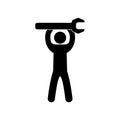 repair icon man holding a wrench lifts up the tool stick pictogram isolated