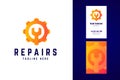 Repair logo and business card template. Gear sign with wrench. Royalty Free Stock Photo