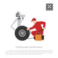 Repair and maintenance of aircraft. Engineer with hand pump for landing gear. Industrial drawing of plane part