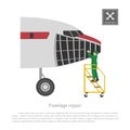 Repair and maintenance of aircraft. Servise of airplane fuselage. Industrial drawing of plane in flat style Royalty Free Stock Photo