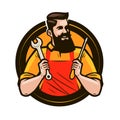 Repair, maintenance logo or label. Repairman holds in hands tools a wrench and screwdriver. Cartoon vector illustration