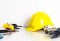 Repair man, construction worker tools on white Royalty Free Stock Photo