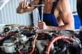 Repair man hands fixing engine on a plane Royalty Free Stock Photo