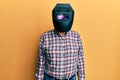 Repair man wearing professional welding mask over head covering face for protection Royalty Free Stock Photo