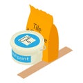 Repair material icon isometric vector. Wall paint bucket tile adhesive packaging