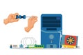 Repair and prevention computer parts work vector illustration. Worker hands character unwind processor parts