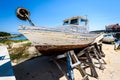 Repair and restoration of old wooden fishing ship or boat. Royalty Free Stock Photo