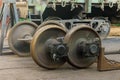 Shop repair and restoration of the train wheels with train stations Royalty Free Stock Photo