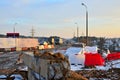 Repair of the road on the city highway, right lane closed, vehicles, truck, travels down busy downtown streets, Royalty Free Stock Photo