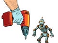 Repair of robotics concept. The robot and the drill