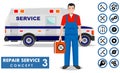 Repair service concept. Detailed illustration of service machine and master repairer in flat style. Simple icons set