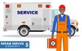 Repair service concept. Detailed illustration of service machine and repairer on white background in flat style. Vector illustrati