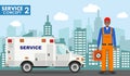 Repair service concept. Detailed illustration of service machine and master repairer on background with cityscape in