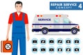 Repair service concept. Detailed illustration of service machine and master repairer in flat style. Simple icons set: wrench, scre