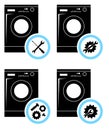 Repair service concept. Simple icons set: wrench, screwdriver, hammer and gear. Mending of washing machine. Vector