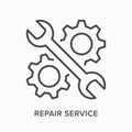 Repair service flat line icon. Vector outline illustration of wrench and cogwheel. Black thin linear pictogram for
