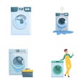 Repair service icons set cartoon vector. Broken washing machine and repairman