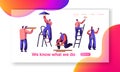 Repair Service Professional Worker Landing Page. Human Change Light Bulb, Paint Wall, Lay Laminate, Keep Hand Drill. Renovation Royalty Free Stock Photo