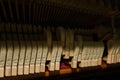 Repair of a stringed musical instrument. Inside view of a piano with brass metal strings and a wooden mallet. A musical