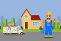 Repair stuff, near renovated house, building repair vector illustration. Happy worker character in uniform, hard hat