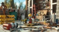 A repair team is actively using various tools and materials at a construction site in broad daylight to complete their Royalty Free Stock Photo