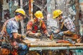 A repair team is focused on their work at the construction site, using various tools and materials to ensure the project Royalty Free Stock Photo