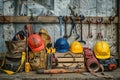 A repair team has organized their tools, adding safety helmets to prepare for an upcoming construction project Royalty Free Stock Photo