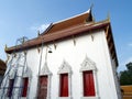 restoration of ubosot of thai temple, steel scaffolding is standing by the wall of ubosot Royalty Free Stock Photo