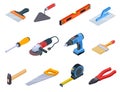 Repair tool isometric. Handyman construction tools paint kit repair home drill craftsman 3d isolated vector set