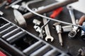 Repair tools in car service shop or garage. Diagnostics, maintenance and repair of vehicle. Professional equipments and devices