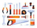 Repair tools. Construction building engineering equipment, pliers wrench saw spatula spanner hammer screwdriver. Vector Royalty Free Stock Photo