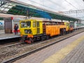 Repair train near the railway station. Russia, Moscow, October 2017.